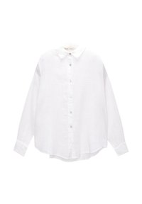 Witte lange mouwen knoop-shirt van lichtgewicht stof. Beschikt over een puntige kraag, een voorste knopenlijst en een gebogen zoom.