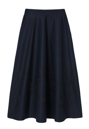 Fustă în formă de A, culoare bleumarin închis, cu broderie florală subtilă lângă tiv, având talie fixată și lungime până la genunchi.