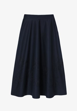 Sötét tengerészkék A-vonalú szoknya finom virágos hímzéssel a szegélynél, derékrészen testhezálló, térdig érő fazonban.