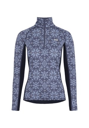 Langarmpullover in donkerblauw met lichtblauwe sneeuwvlokmotief. Voorzien van een kwart rits en contrasterende effen blauwe zijpanelen.