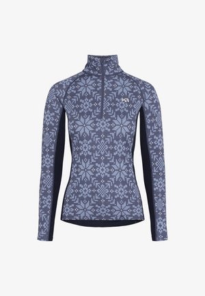 Langarmpullover in donkerblauw met lichtblauwe sneeuwvlokmotief. Voorzien van een kwart rits en contrasterende effen blauwe zijpanelen.