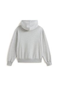 Šedá mikina s kapucí, která má těsný střih, měkkou tkaninu, pružné manžety a lem, a zaoblenou kapuci. Čistý, jednoduchý design bez viditelných log.