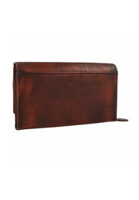 Portefeuille en cuir marron avec une forme rectangulaire, une texture lisse et un design pliable avec une fermeture sûre.