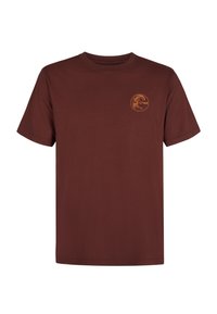 Bruine katoenen t-shirt met korte mouwen en een ronde hals, voorzien van een klein oranje logo aan de linkerkant. Soepele textuur en klassieke pasvorm.