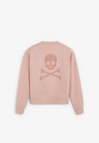 Rosa Sweatshirt mit gerippten Bündchen und Saum. Auf der Rückseite befindet sich ein großes, glitzerndes Totenkopf- und Knochenmotiv. Weiches, strukturiertes Material.