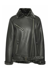 Giacca in pelle verde scuro con colletto in shearling, tasca con zip diagonale, zip orizzontale e cintura in vita. Texture morbida con rifinitura in pelliccia.