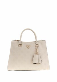 Borsa beige dalla texture lavorata con doppi manici superiori, dettagli in oro, logo e portachiavi staccabile. Forma robusta e design minimalista.