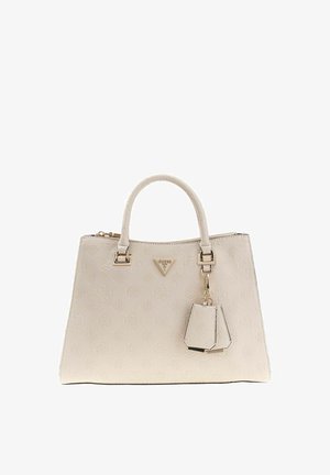 Borsa beige dalla texture lavorata con doppi manici superiori, dettagli in oro, logo e portachiavi staccabile. Forma robusta e design minimalista.