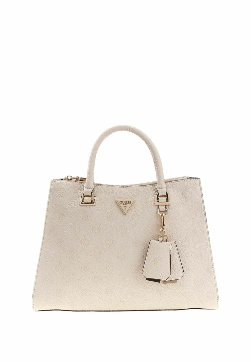 Borsa beige dalla texture lavorata con doppi manici superiori, dettagli in oro, logo e portachiavi staccabile. Forma robusta e design minimalista.