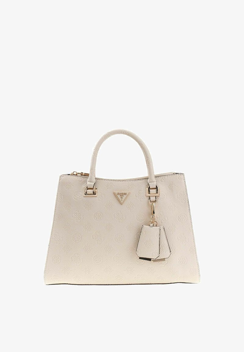 Borsa beige dalla texture lavorata con doppi manici superiori, dettagli in oro, logo e portachiavi staccabile. Forma robusta e design minimalista.