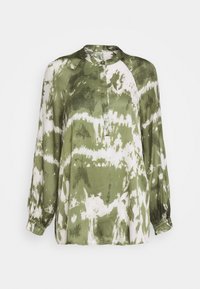 Bluzka z długim rękawem, luźno dopasowana, w zielono-białym wzorze tie-dye, okrągły dekolt z zapięciem na guziki i marszczonymi mankietami.