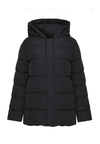 Sort pufferjakke med hætte, der har et quiltet design, lynlås lukning og brede ærmer. Glat tekstur og let udseende.