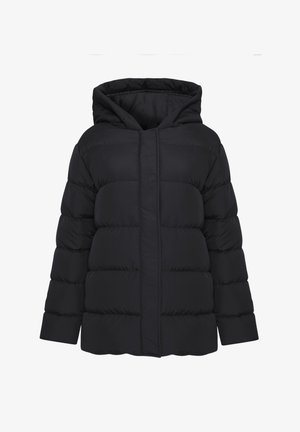 Black puffer jacket with a hood, featuring a quilted design, zip closure, and wide sleeves. Smooth texture and lightweight appearance.