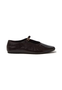 Dark brown leather ballet flat with a rounded toe, featuring a side strap with a gold buckle, smooth texture, and minimalistic design.