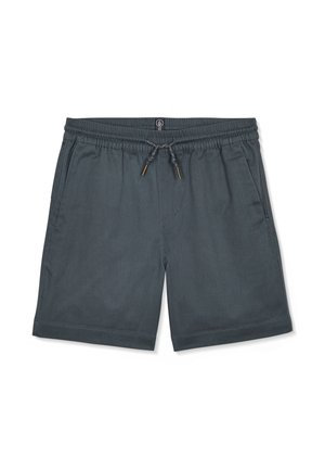 Shorts décontractés gris foncé avec taille élastique et cordon de serrage, poches latérales et ourlet droit sur fond blanc.