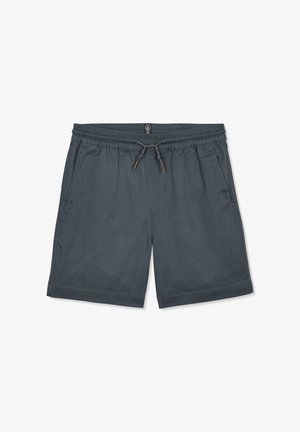 Shorts décontractés gris foncé avec taille élastique et cordon de serrage, poches latérales et ourlet droit sur fond blanc.