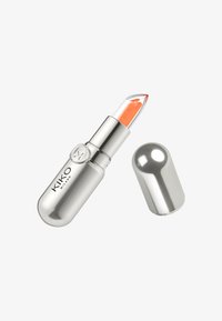 Silver metallic tube of KIKO Milano lipstick with clear orange-tinted bullet and detached rounded cap on white background.