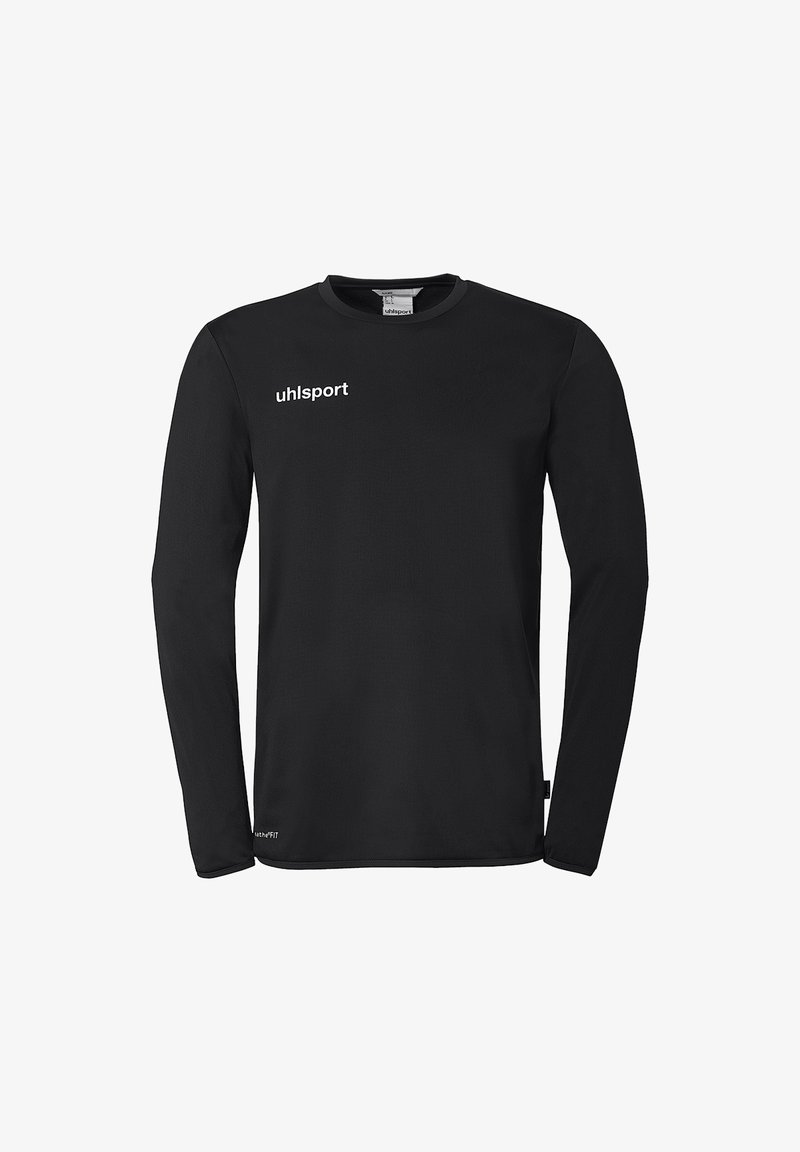 Chemise de sport noire à manches longues avec le logo "uhlsport" sur la poitrine et l'étiquette "climateFIT" près de l'ourlet.