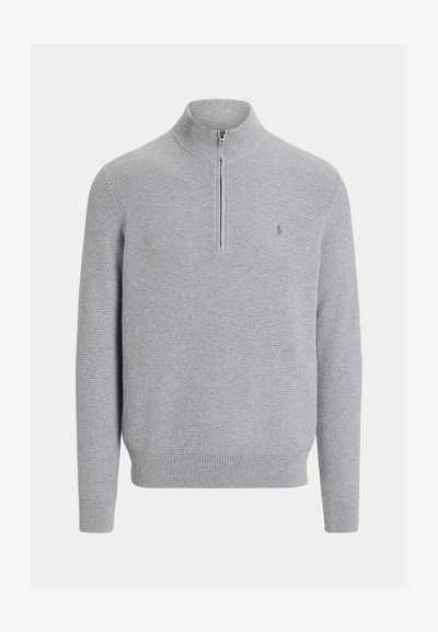 Maglione lavorato a maglia strutturata grigio chiaro con maniche lunghe, polsini e orlo a coste e collo con zip a un quarto con logo ricamato discreto sul petto.