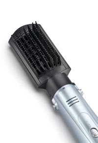 Heated hair styling brush with black bristles and silver handle featuring power and heat setting switch.