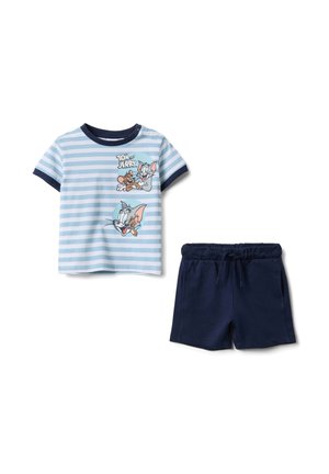 Zweiteiliges Baumwollset mit einem hellblau gestreiften Kurzarmhemd mit Cartoon-Grafik und marineblauen Shorts mit elastischem Bund.