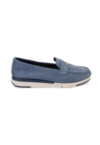 Blauer perforierter Leder-Slipper mit einer flachen, cremefarbenen Sohle und einem gestickten Akzent über dem Vorderblatt. Runde Zehenform und flaches Design.