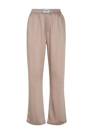 Pantalon beige coupe ample avec taille élastique, braguette boutonnée et étiquette de marque WBSTBHVR au centre devant.