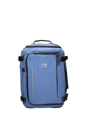 Blue soft-sided travel backpack with front zip pocket, black trim, adjustable side straps, and top handle, labeled "Coveri active."
