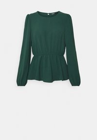 Maglietta a maniche lunghe verde scuro con scollatura rotonda, vita arricciata e orlo a peplo. Tessuto morbido e leggero volume nelle maniche.