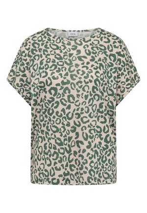 Lockeres Kurzarmhemd mit grünem Leopardenmuster auf beigem Hintergrund, Rundhalsausschnitt und lässiger Passform.