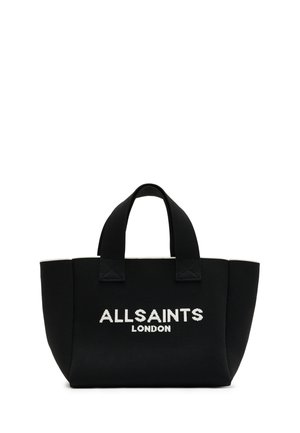 Czarna torba na ramię z płótna z krótkimi uchwytami i białym napisem "ALLSAINTS LONDON" na przodzie.