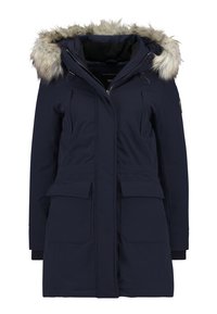 Marinblå parka med pälsbesatt huva, vattentät tyg, två framlägen fickor, dragkedjestängning och ribbad mudd. Har en längd som når mitten av låret.