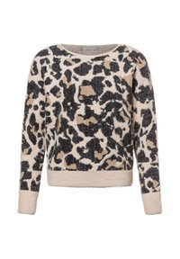 Fuzzy beige sweater with black and brown leopard print. Round neckline and long sleeves. Soft texture with a slight stretch.