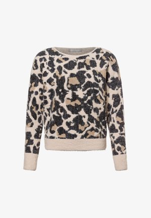 Flauschiger beiger Pullover mit schwarzem und braunem Leopardenmuster. Runder Ausschnitt und lange Ärmel. Weiche Textur mit leichtem Stretch.