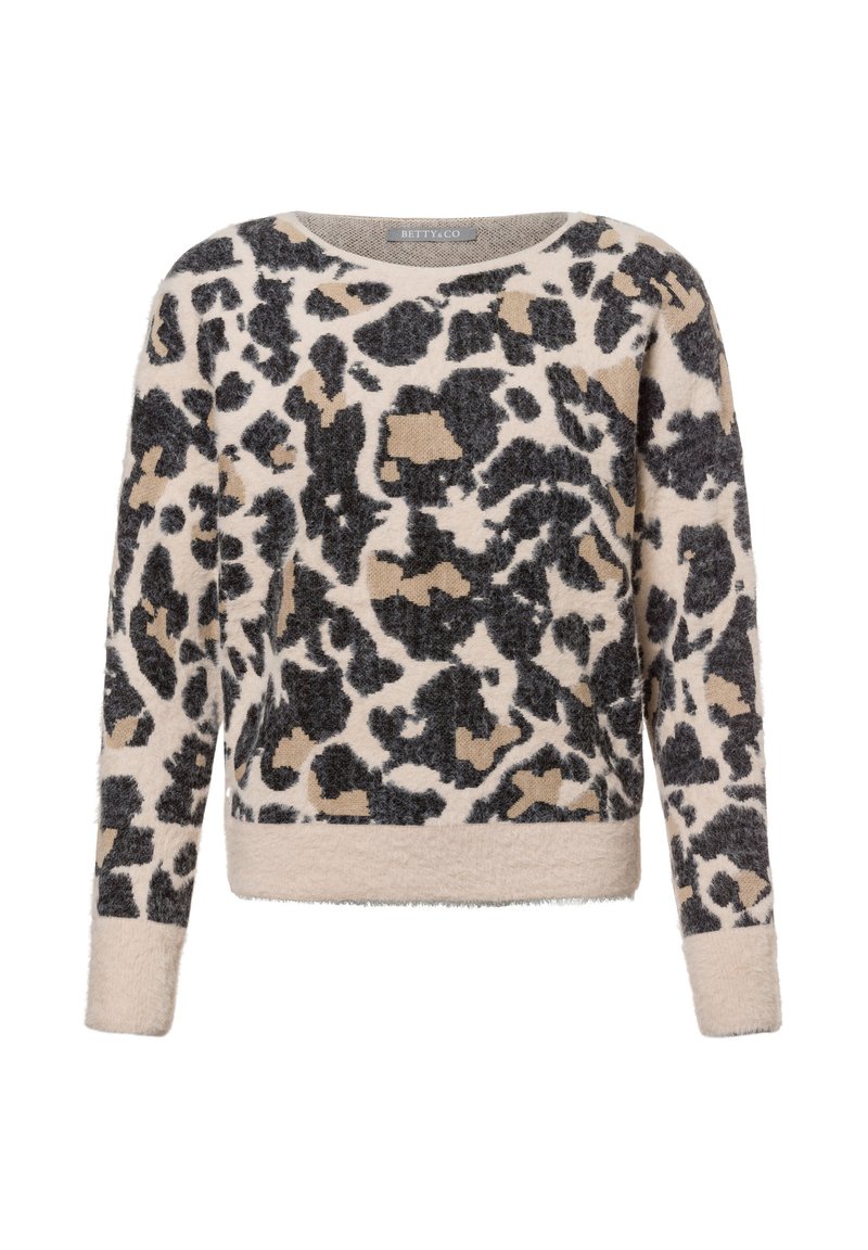 Fuzzy beige sweater with black and brown leopard print. Round neckline and long sleeves. Soft texture with a slight stretch.