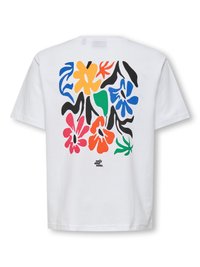 Wit T-shirt met kleurrijk abstract bloemmotief in geel, rood, oranje, blauw, groen en zwart op de achterkant, met de tekst "only and sons" eronder.