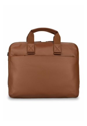 Sac pour ordinateur portable en cuir marron avec deux poignées supérieures, texture lisse et forme rectangulaire. Présente un design simple sans éléments métalliques ou accents visibles.