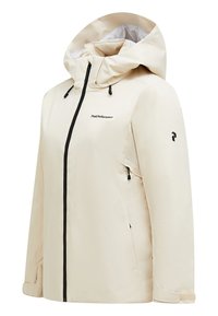 Beige vandtæt jakke med hætte, frontlynlås, justerbare manchetter, lynlåslommer i siden og Peak Performance-logo på brystet og ærmet.
