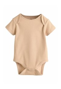 Beige gerippter Kurzarm-Bodysuit mit Rundhalsausschnitt und Druckknöpfen am unteren Ende. Weicher Stoff und subtile Dehnbarkeit für zusätzlichen Komfort.