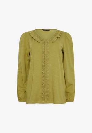 Długa bluzka z zielonkawej oliwki z długim rękawem, dekoltem w serek, falbanowym koronkowym wykończeniem przy dekolcie i pionowym haftowanym panelem z przodu.