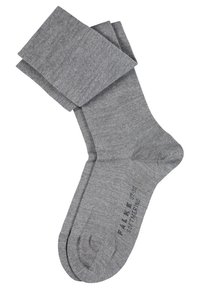 Gray cotton blend socks with a smooth texture, featuring a folded cuff and printed logo on the sole. Simple design and classic color.