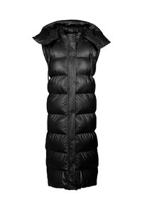 Zwarte mouwloze puffer gilet, knie-lang, met een geregen ontwerp en glanzende afwerking, met drukknoopsluitingen en een grote, gestructureerde kraag.