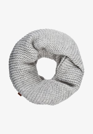 Écharpe infinie en tissu tricoté gris clair avec un motif de point texturé, disposée en boucle circulaire sur un fond blanc.