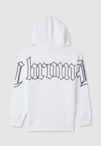 Biała bluza z kapturem z dużym czarnym nadrukiem w stylu gotyckim na plecach i rękawach. Wykonana z miękkiej tkaniny, z kapturem na sznurki i ściągaczami przy rękawach.