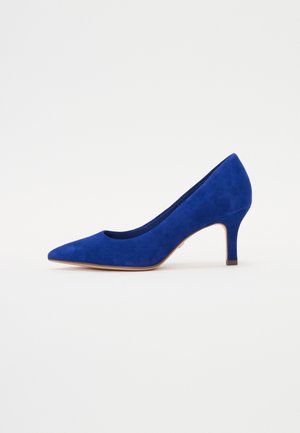 Blue suede pointed-toe pump with mid-height stiletto heel and light brown sole on a plain white background.
