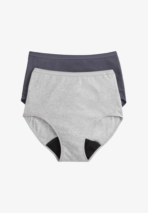 Zwei Paar gerippte Baumwollunterwäsche mit hoher Taille in Grau und Dunkelgrau, mit schwarzer Innenfütterung im Schrittbereich.