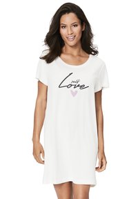 White cotton nightdress featuring a rounded neckline, short sleeves, and a printed design with the words "self Love" in black and a pink heart.