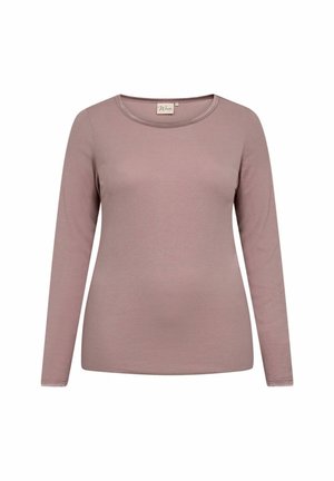 Langärmliges, rundhalsiges Oberteil in einem sanften Rosaton, aus weichem, elastischem Stoff mit glatter Textur und ohne Verzierungen.