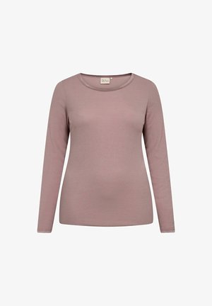 Tricou cu mânecă lungă și guler rotund, de culoare roz pal, fabricat dintr-un material moale și elastic cu o textură netedă și fără ornamente.