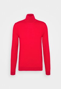 Czerwony sweter z golfem wykonany z delikatnego dzianinowego materiału, z długimi rękawami i dopasowanym krojem. Brak wzorów i dodatkowych akcentów.